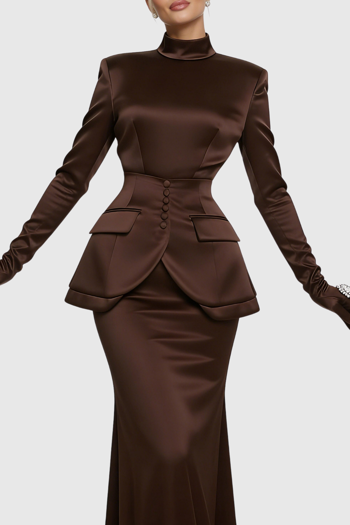 Hezeka Cinched Satin Top & Maxi Skirt Set - Brown