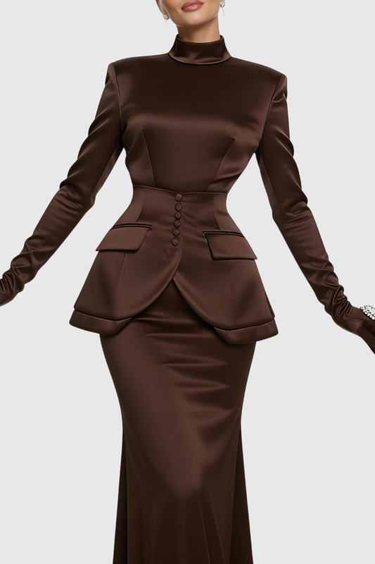 Hezeka Cinched Satin Top & Maxi Skirt Set - Brown