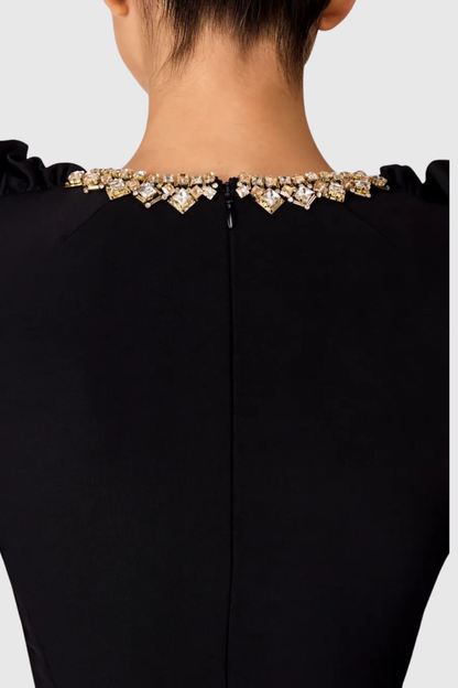 Hikar Diamante Collar Ruffle Sleeve Midi Dress