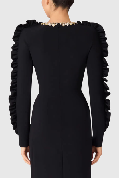 Hikar Diamante Collar Ruffle Sleeve Midi Dress