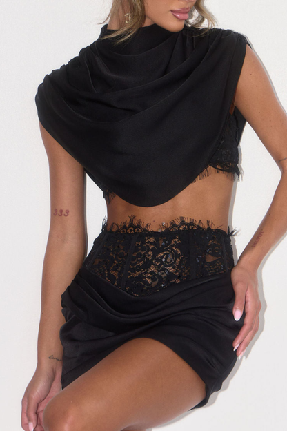 Hilda Lace Draped Top & Mini Skirt Set - Black