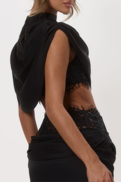 Hilda Lace Draped Top & Mini Skirt Set - Black