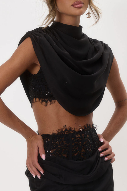 Hilda Lace Draped Top & Mini Skirt Set - Black
