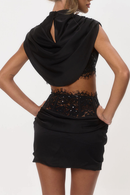 Hilda Lace Draped Top & Mini Skirt Set - Black