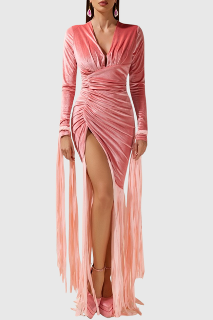 Hirst Velvet Ruched Fringed Maxi Dress