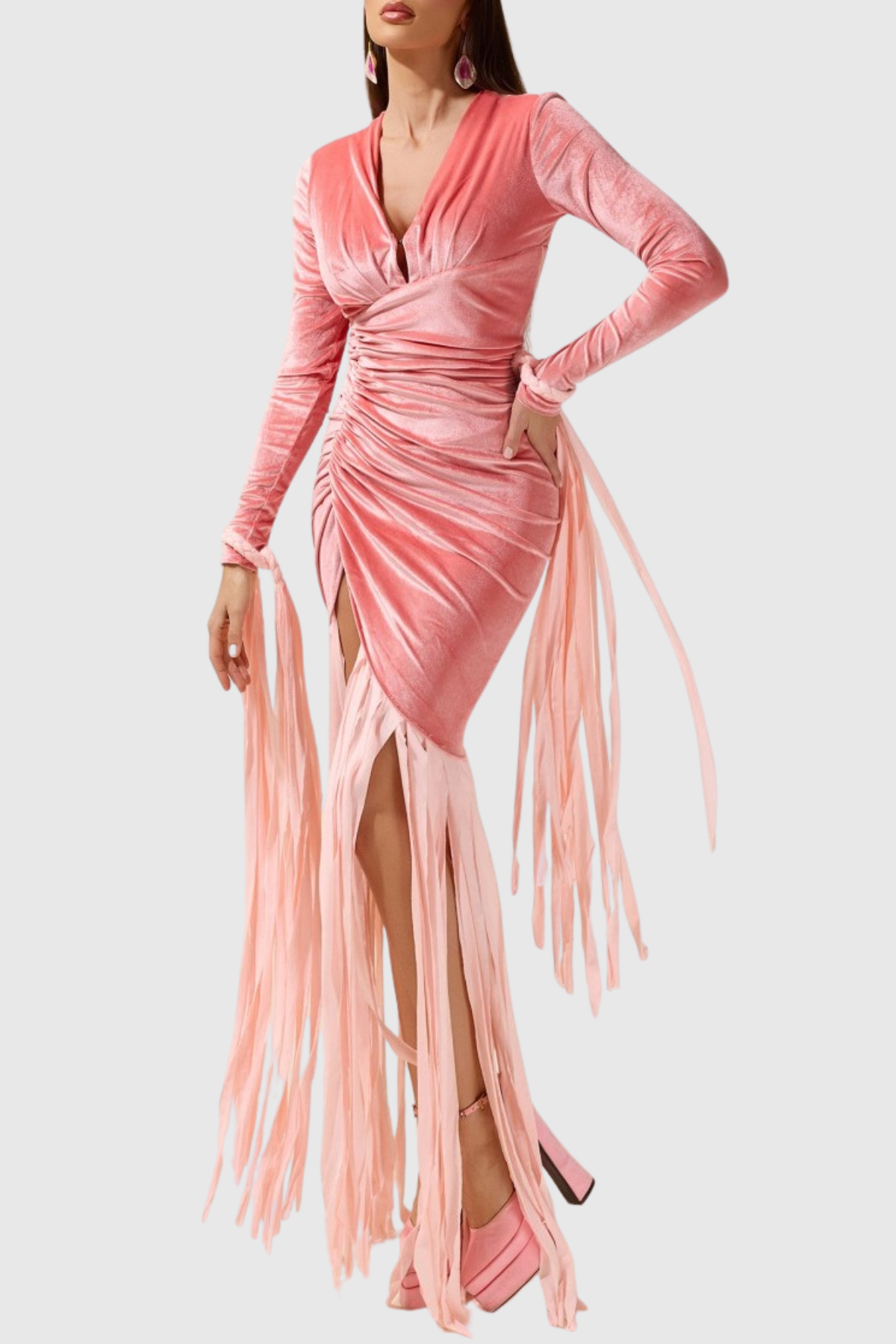 Hirst Velvet Ruched Fringed Maxi Dress