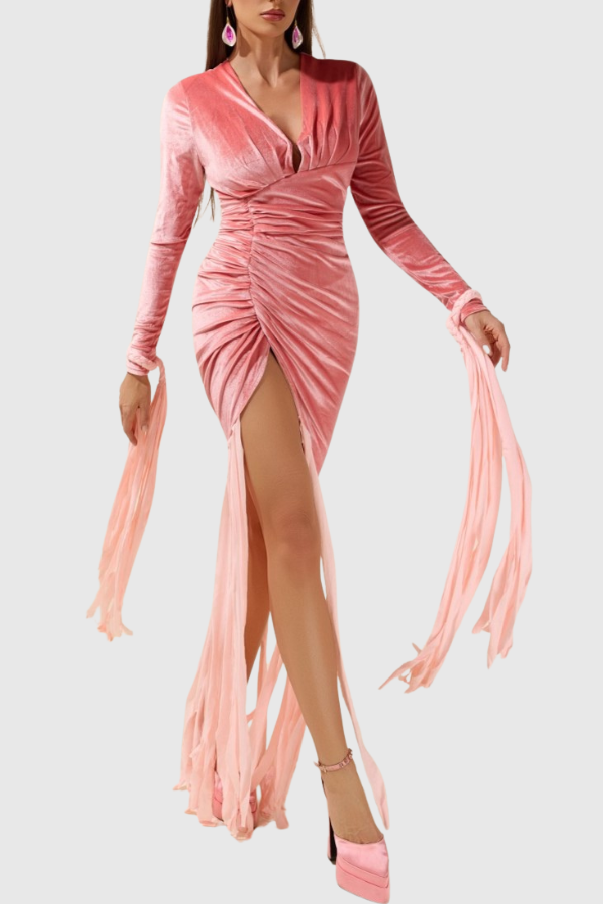 Hirst Velvet Ruched Fringed Maxi Dress