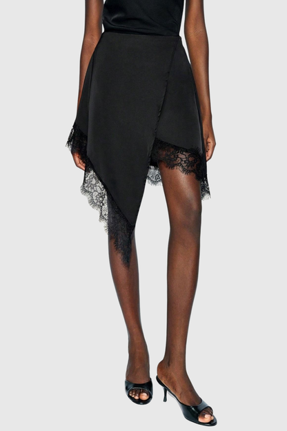Hokuo Lace Trim Satin Mini Skirt