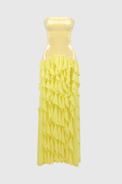 Horace Strapless Sequin Ruffle Maxi Dress