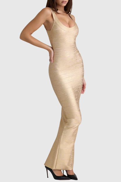 Hortas Gold Metallic Maxi Bandage Dress