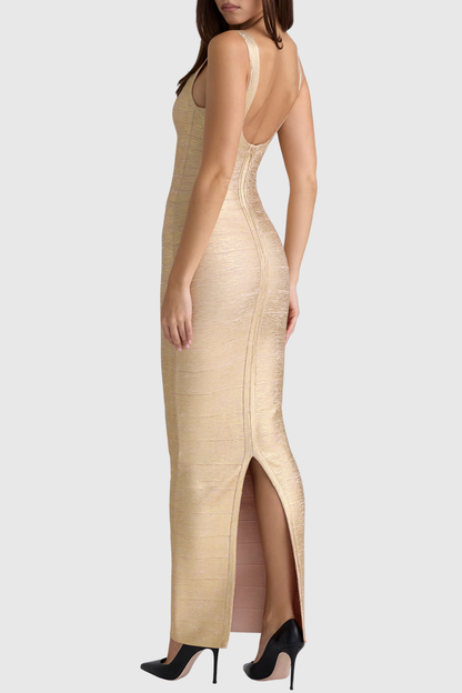 Hortas Gold Metallic Maxi Bandage Dress