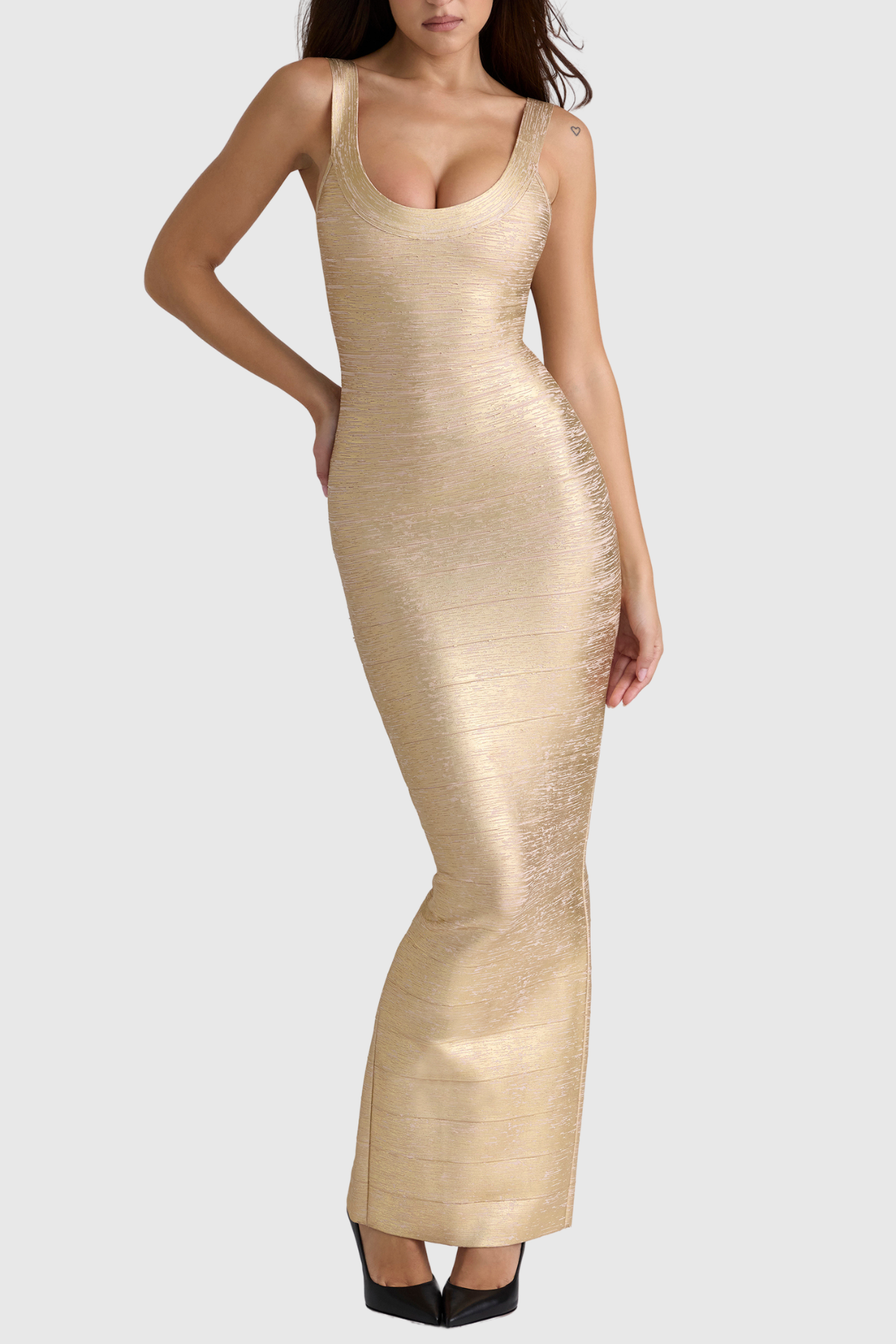 Hortas Gold Metallic Maxi Bandage Dress