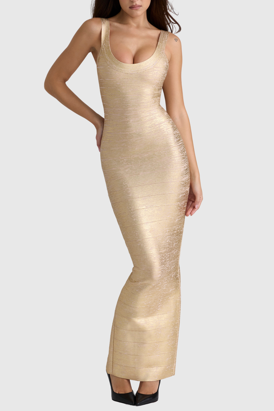 Hortas Gold Metallic Maxi Bandage Dress