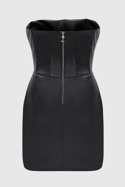 Houstya Leather Strapless Draped Mini Dress