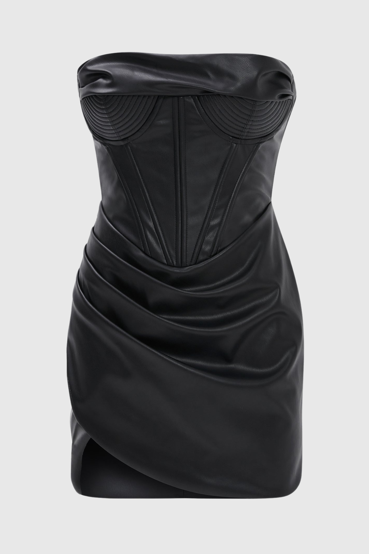 Houstya Leather Strapless Draped Mini Dress