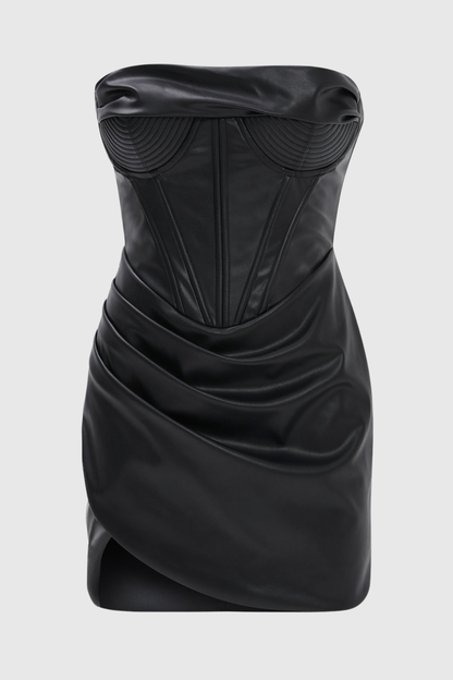 Houstya Leather Strapless Draped Mini Dress