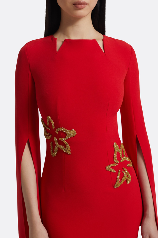 Ibena Floral Embroidered Cape Sleeve Maxi Dress