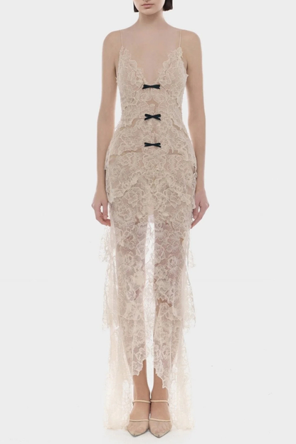 Ichaba Bow Lace Midi Dress - Beige