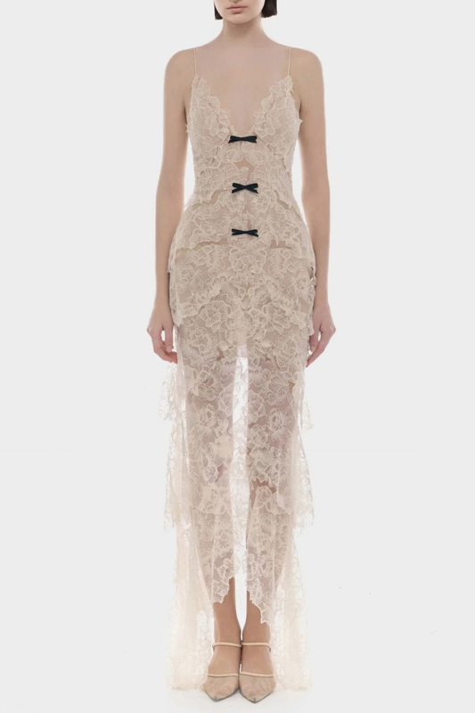 Ichaba Bow Lace Midi Dress - Beige