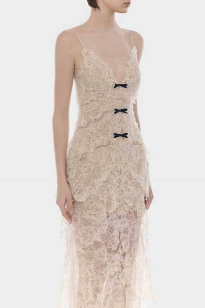 Ichaba Bow Lace Midi Dress - Beige