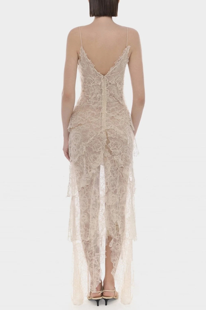 Ichaba Bow Lace Midi Dress - Beige