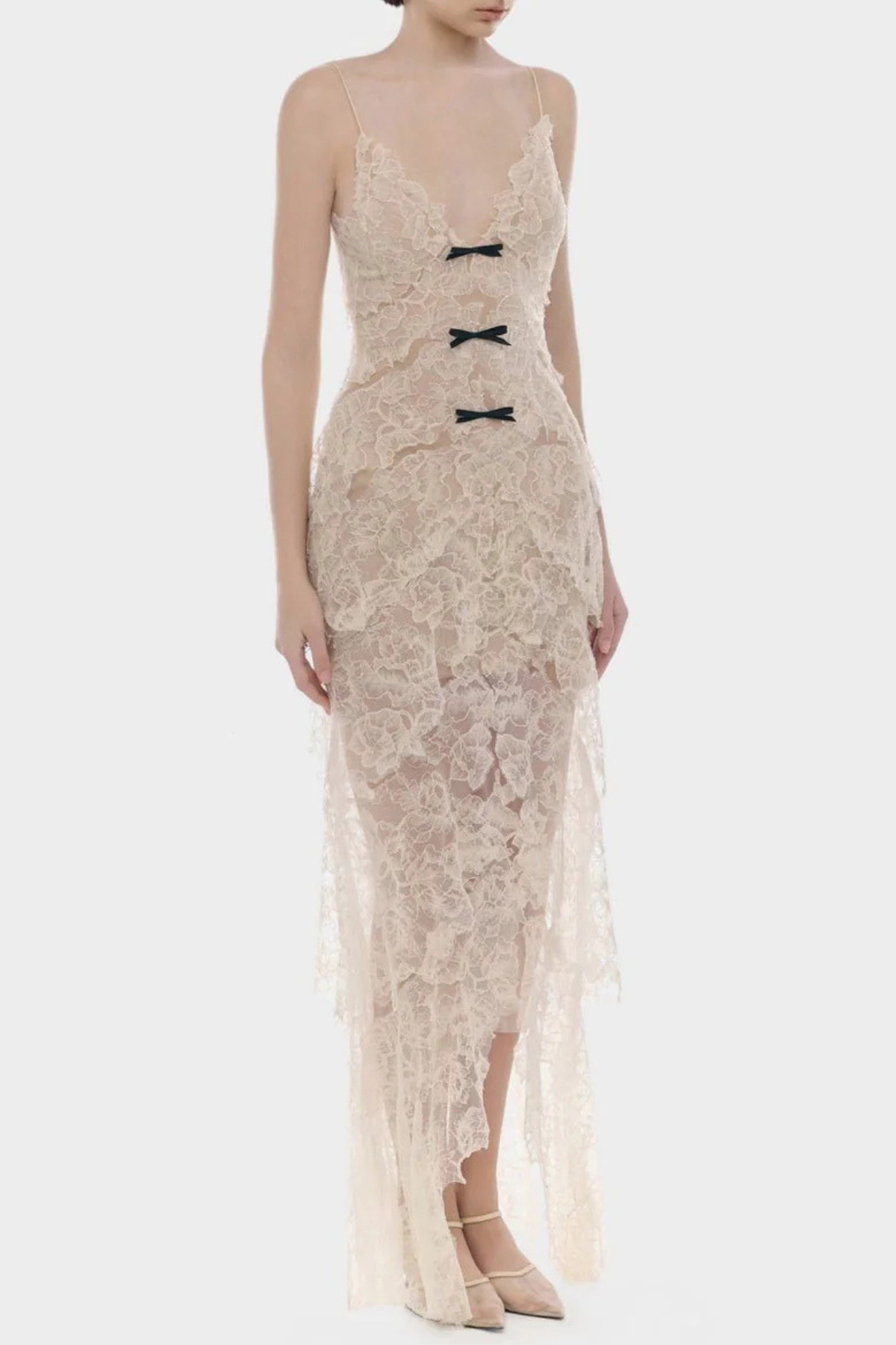 Ichaba Bow Lace Midi Dress - Beige
