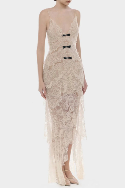 Ichaba Bow Lace Midi Dress - Beige