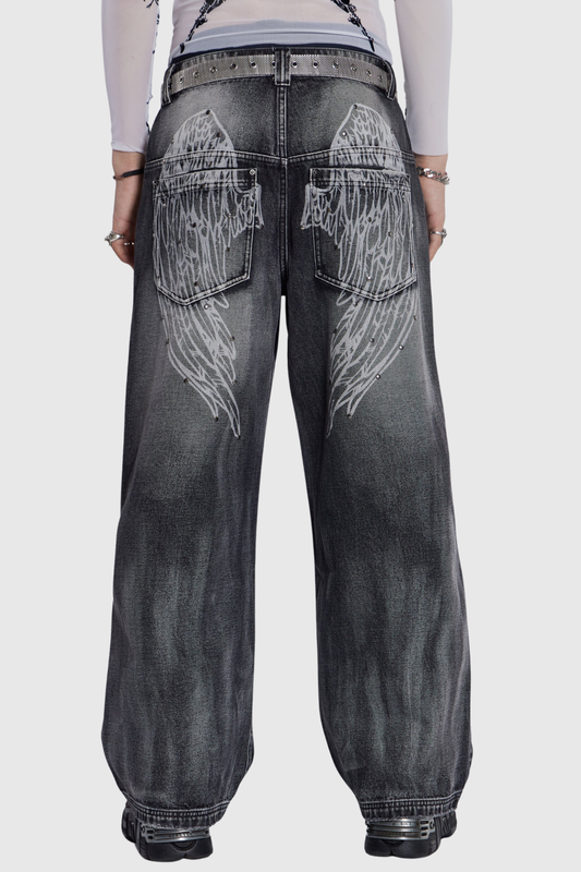 Idao Ethereal Wing Print Jeans - Black