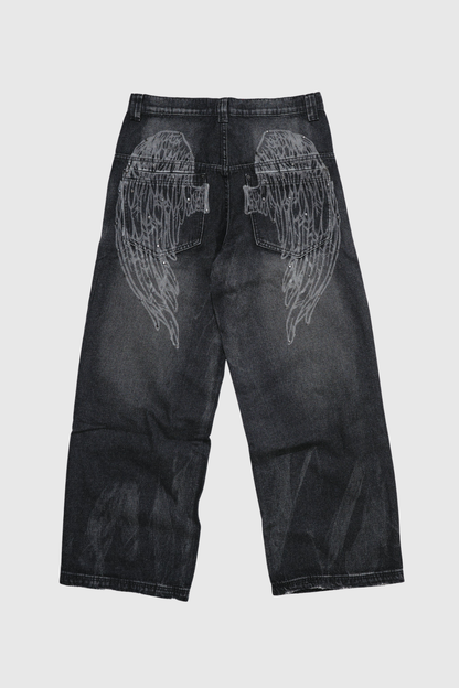 Idao Ethereal Wing Print Jeans - Black