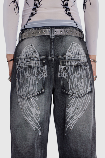Idao Ethereal Wing Print Jeans - Black