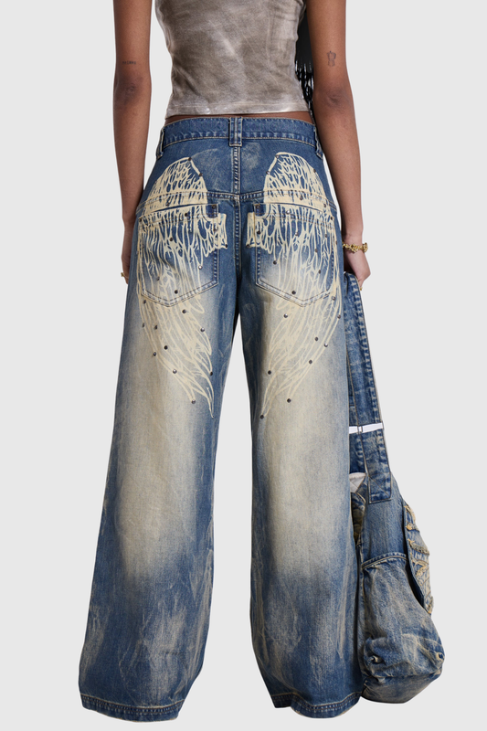 Idao Ethereal Wing Print Jeans - Blue