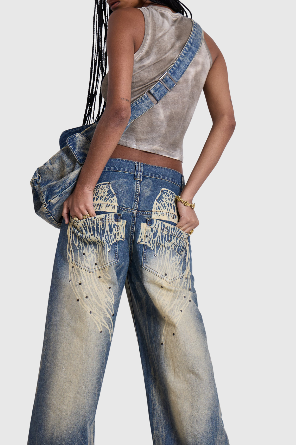 Idao Ethereal Wing Print Jeans - Blue