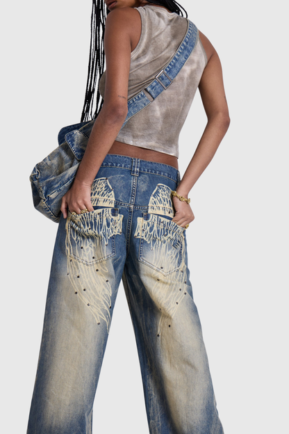 Idao Ethereal Wing Print Jeans - Blue