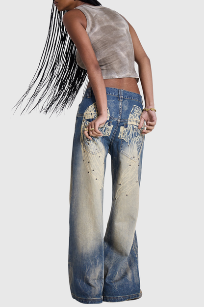 Idao Ethereal Wing Print Jeans - Blue