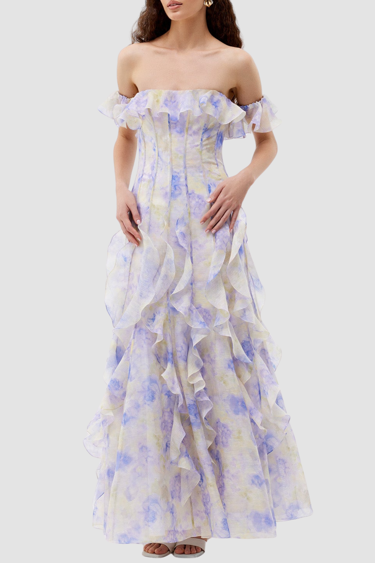 Ilex Floral Off Shoulder Ruffle Maxi Dress - Blue