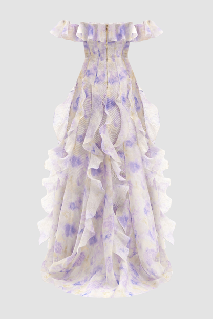 Ilex Floral Off Shoulder Ruffle Maxi Dress - Blue