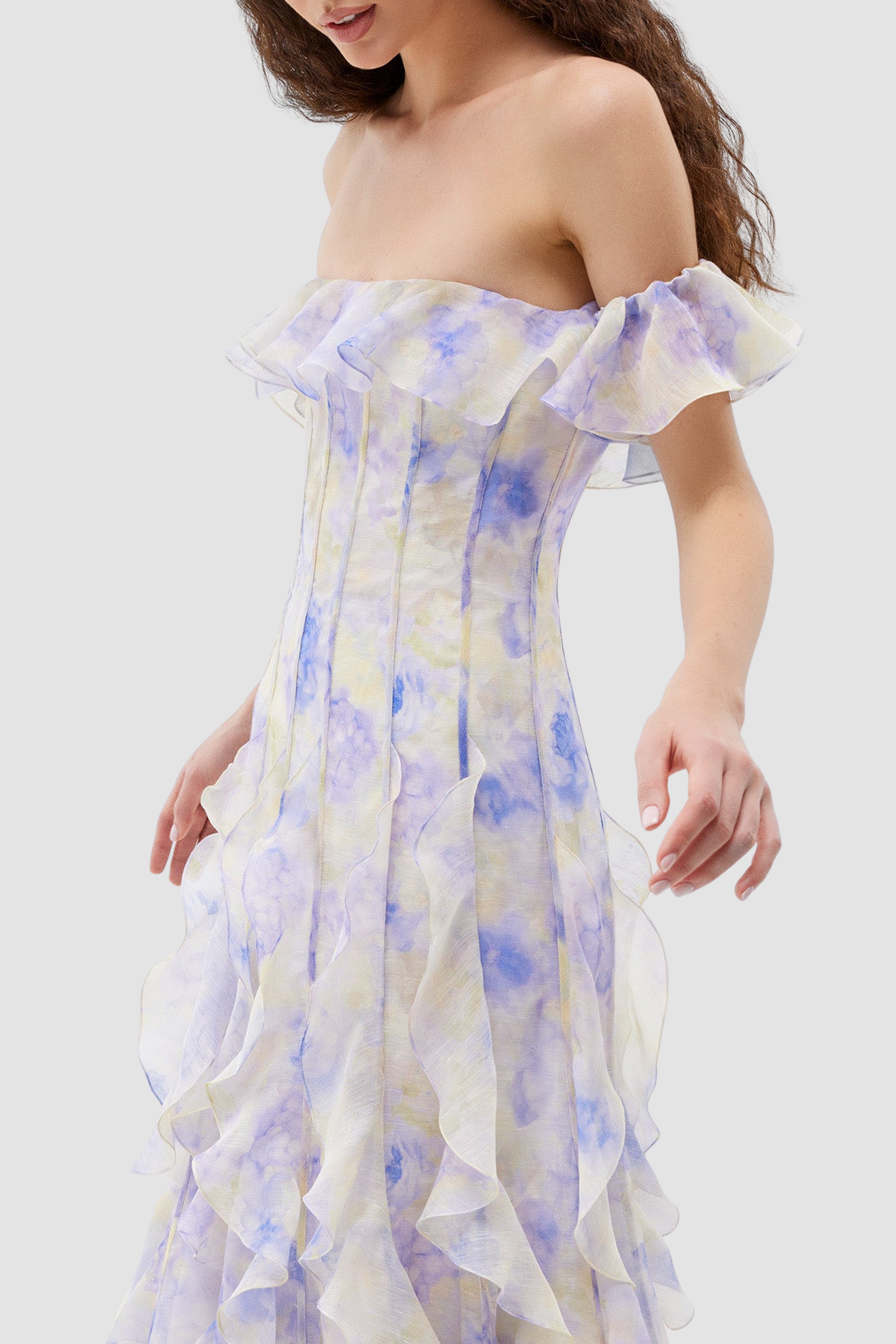 Ilex Floral Off Shoulder Ruffle Maxi Dress - Blue