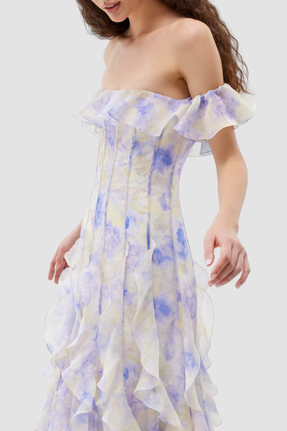 Ilex Floral Off Shoulder Ruffle Maxi Dress - Blue