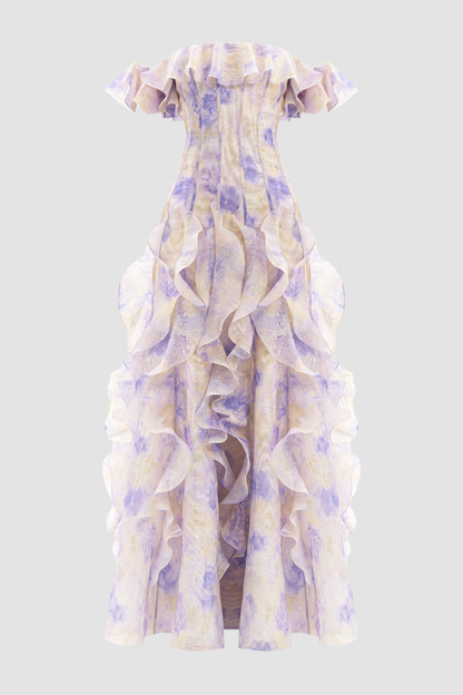 Ilex Floral Off Shoulder Ruffle Maxi Dress - Blue