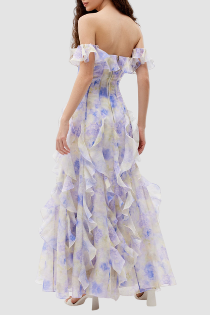 Ilex Floral Off Shoulder Ruffle Maxi Dress - Blue