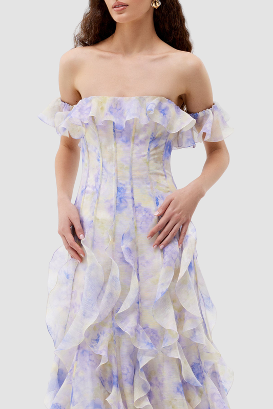 Ilex Floral Off Shoulder Ruffle Maxi Dress - Blue