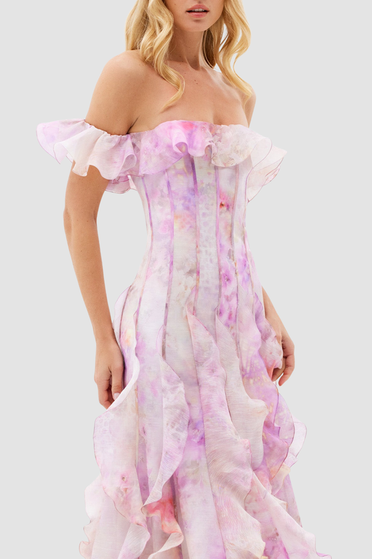 Ilex Floral Off Shoulder Ruffle Maxi Dress - Pink