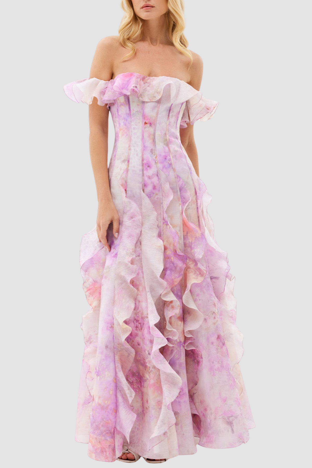 Ilex Floral Off Shoulder Ruffle Maxi Dress - Pink