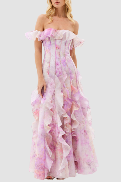 Ilex Floral Off Shoulder Ruffle Maxi Dress - Pink