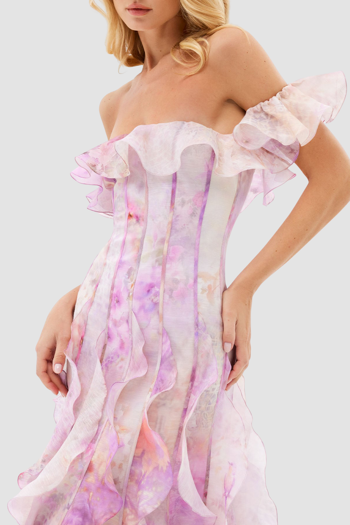 Ilex Floral Off Shoulder Ruffle Maxi Dress - Pink