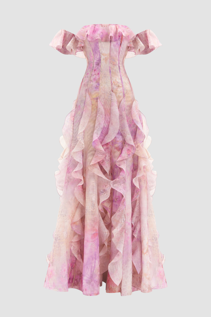 Ilex Floral Off Shoulder Ruffle Maxi Dress - Pink