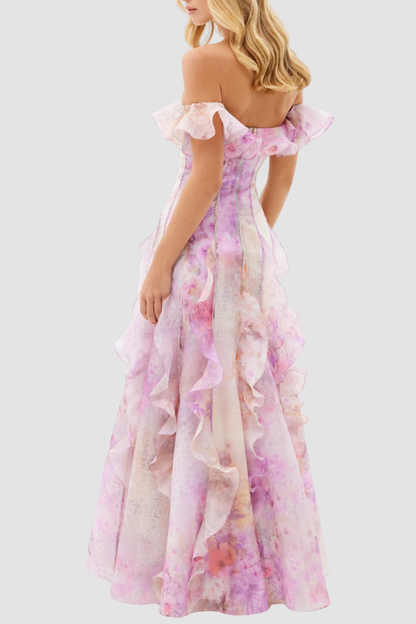 Ilex Floral Off Shoulder Ruffle Maxi Dress - Pink