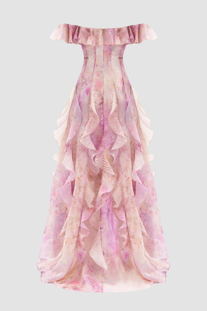 Ilex Floral Off Shoulder Ruffle Maxi Dress - Pink