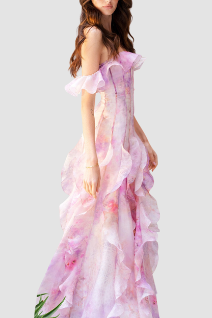 Ilex Floral Off Shoulder Ruffle Maxi Dress - Pink