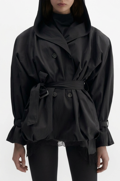 Ilsafa Hooded Bubble Belted Jacket - Black